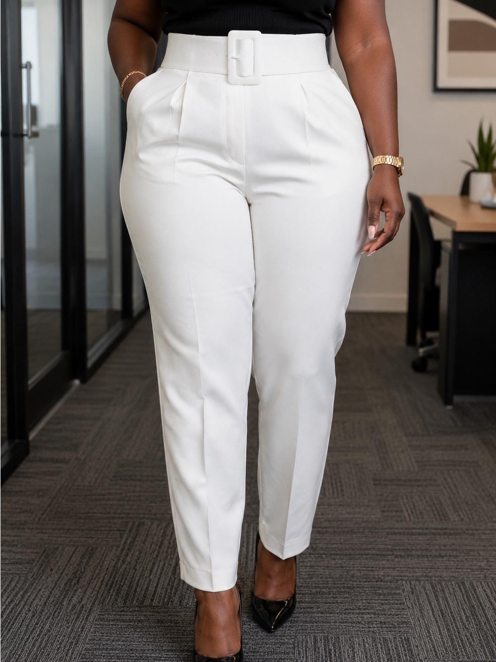 Boohoo White High-Waist Belted Straight Leg Pants